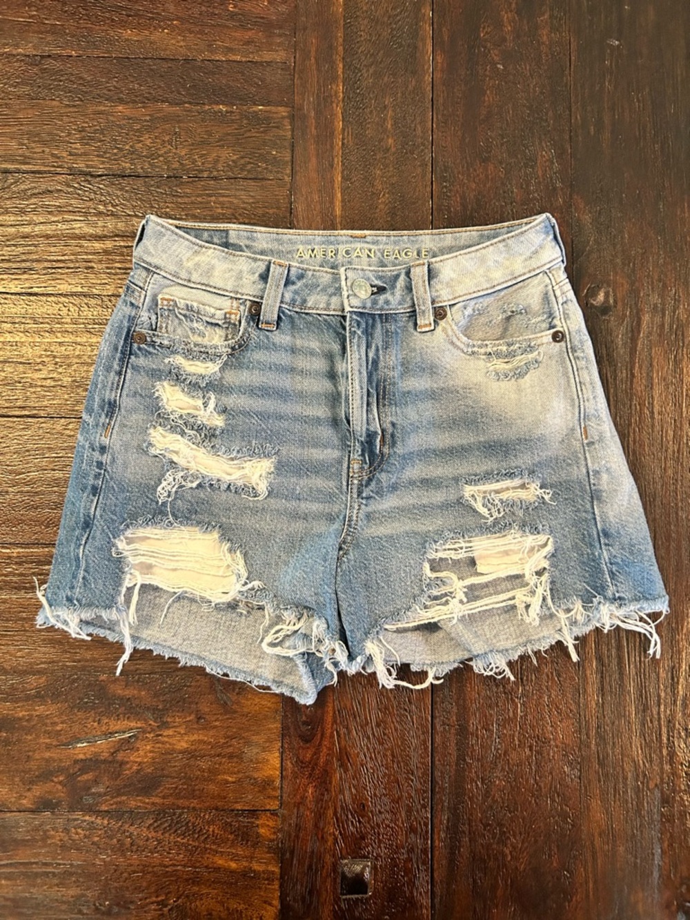 American Eagle Outfitters Distressed Light Blue Denim Cutoff Mom Shorts